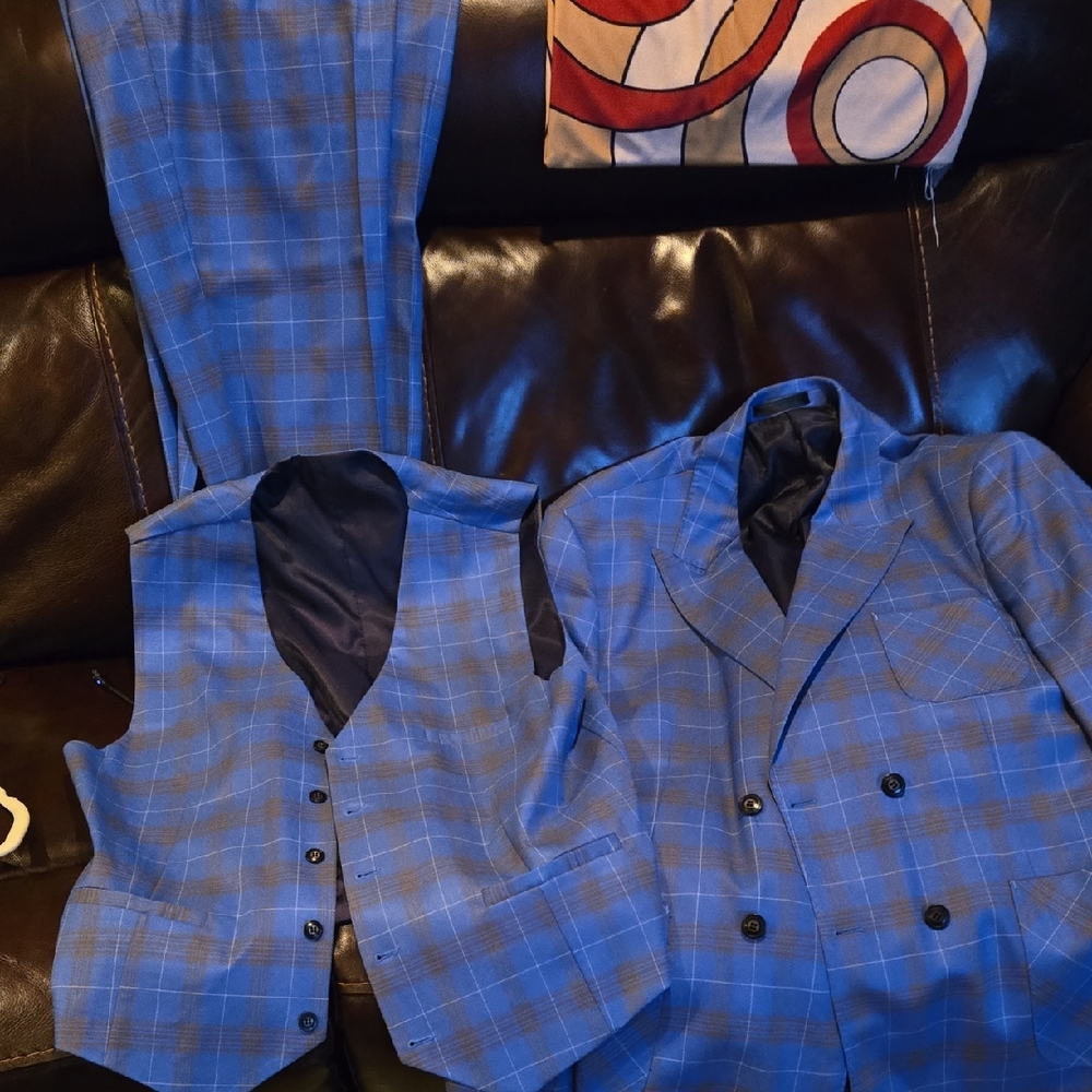 Blue Plaid Men's 3 Piece Suit Set